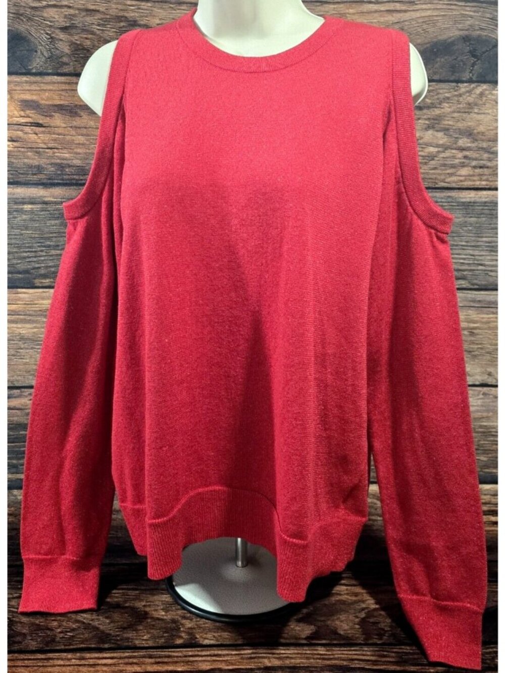 Michael Kors Pullover Sweater Cold Shoulder Romantic Red Metallic Women's L NWT